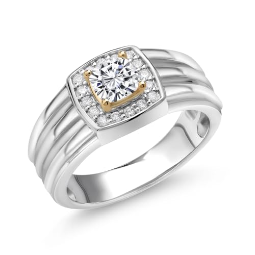 Gem Stone King Men's 5MM Cushion Gemstone Birthstone and Lab Grown Diamond Ring For Men Set In 925 Silver and 10K Yellow Gold | Available In Size 7, 8, 9, 10, 11, 12, 13