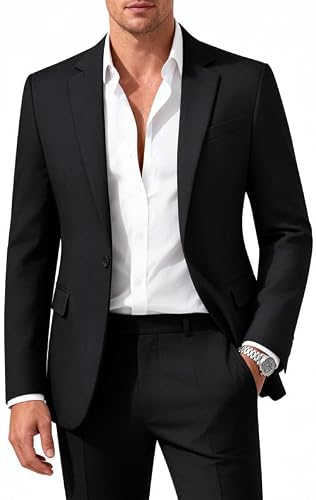 MAGE MALE Mens 2 Piece Suit Slim Fit Solid Wedding Prom Tuxedo Suit with One Button Notch Lapel Blazer and Pants Black