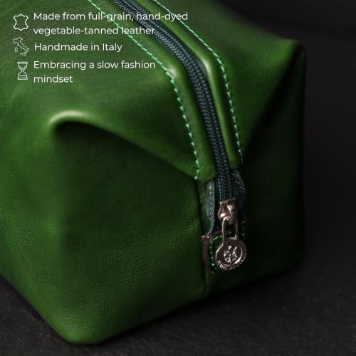 Time Resistance Leather Toiletry Bag - Italian Cosmetic Case Dopp Kit (Green)