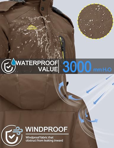 TACVASEN Men's Winter Ski Jacket Waterproof Snow Coats Snowboard Fleece Lining Jacket Warm Parka with Hooded Brown M