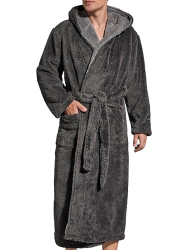 SlumberMee Mens Robe with Hood, Heavyweight Plush Fleece Bathrobe for Men, Full Length Soft Shu Velveteen House Coat with Secure Sewn-in Belt and Deep Pockets(Dark Grey, M)