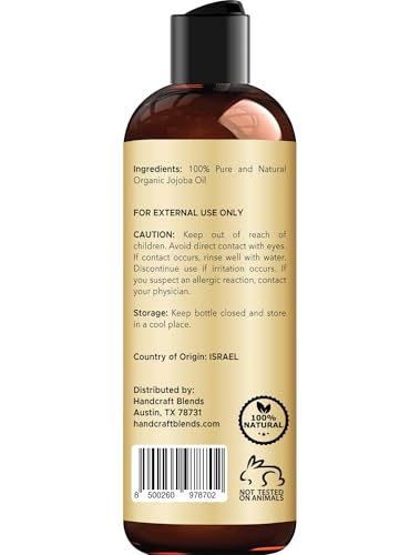 Handcraft Blends USDA Organic Jojoba Oil | Cold-Pressed | 8 Fl Oz | 100% Pure & Natural | for Hair, Skin & Face | Premium Grade Carrier Oil | for Massage & Aromatherapy | Hexane-Free