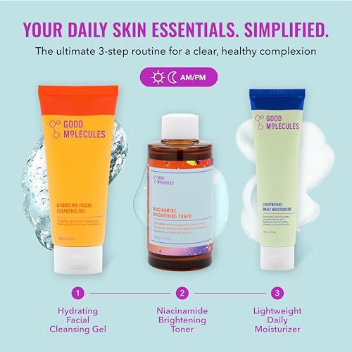 Good Molecules Cleanse, Tone & Moisturize Skincare Set – Hydrating Facial Cleansing Gel (200ml), Niacinamide Brightening Toner (120ml) & Lightweight Daily Moisturizer (100ml)
