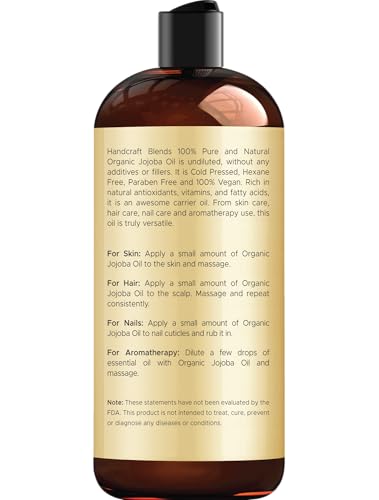 Handcraft Blends USDA Organic Jojoba Oil | Cold-Pressed | 16 Fl Oz | 100% Pure & Natural | for Hair, Skin & Face | Premium Grade Carrier Oil | for Massage & Aromatherapy | Hexane-Free