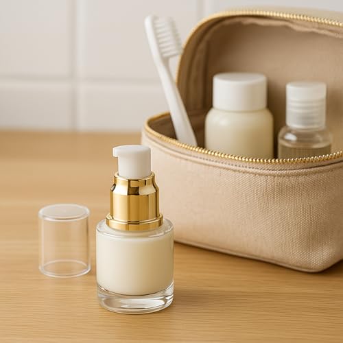 6Packs 20ml Clear Glass Lotion Pump Bottles Refillable Travel Cosmetic Containers with Pump and Clear Cap Mini Empty Dispenser Jars for Serum, Essence, Toner, Skincare, Essential Oils (Golden)
