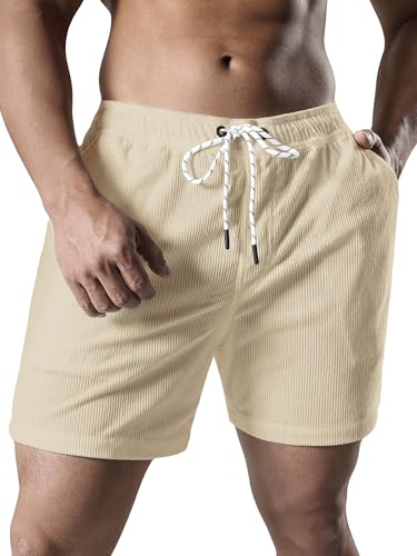 JOTOOK Men's Casual Drawstring Corduroy Shorts Elastic Waist Summer Shorts with Pocket Small Beige