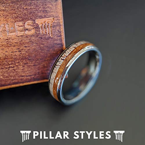 6mm Antler & Whiskey Barrel Rings for Men Tungsten Wedding Band Unique Nature Ring Deer Antler and Bourbon Barrel Wood Rings Anniversary Gifts for Him