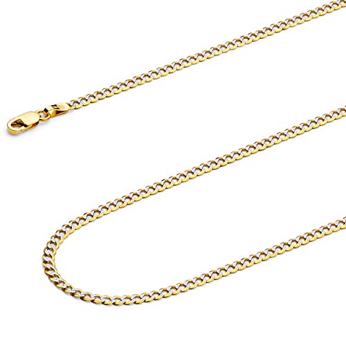 14k REAL Two Tone Gold 4.5mm Bevelled Hollow Cuban Curb White Pave Chain Bracelet with Lobster Claw Clasp - 7.5"