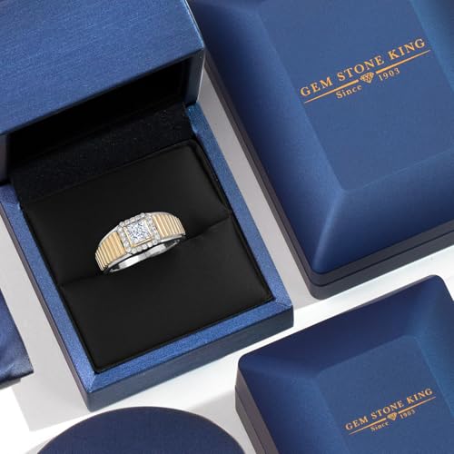 Gem Stone King Princess Cut Ring For Men | 925 Silver and 10K Yellow Gold | 5MM Princess Cut Gemstone Birthstone and 1.2MM Round White Lab Grown Diamond | Available in Size 7-13