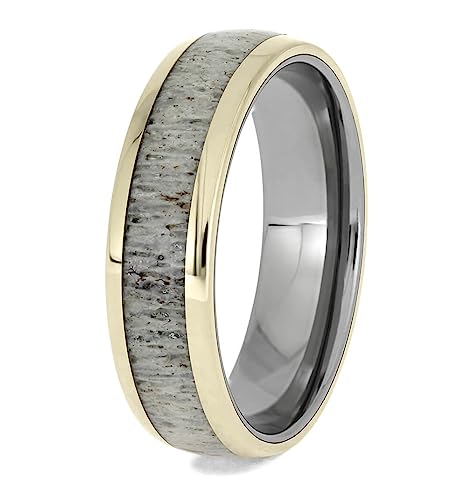 The Men's Jewelry Store (Unisex Jewelry) Deer Antler, 14k Yellow Gold 7mm Titanium Comfort-Fit Ring Size 10