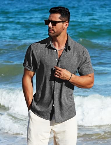 MAPICK Untuckit Shirts for Men Linen Short Sleeve Button Down Lightweight Breathable Summer Business Casual Clothes A-Dark Grey