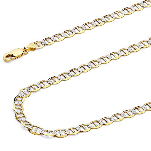 14k REAL Two Tone Gold Solid 2.5mm Flat Mariner White Pave Chain Bracelet with Lobster Claw Clasp - 7"