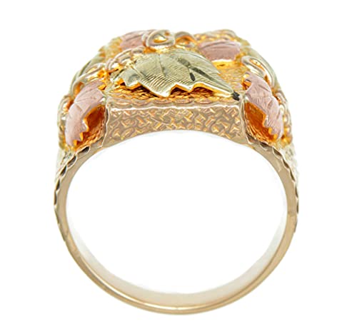 Men's Square Multiple Leaf Ring, 10k Yellow Gold, 12k Green and Rose Black Hills Gold Size 9.5