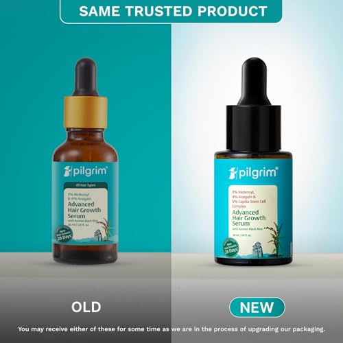 Pilgrim Advanced Hair Growth Serum with Redensyl 3%, Anagain 4% & Baicapil | Hair Fall Control & Regrowth | Korean Black Rice | For Men & Women, 1.01 Fl Oz (30ml)