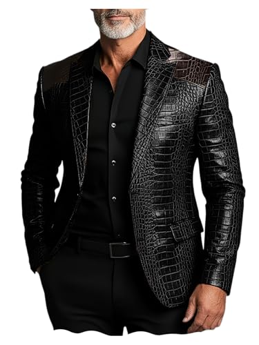Men's Faux Leather Blazer Crocodile Embossed Jacket Genuine Alligator Crocodile Print Leather Sports Coat Black