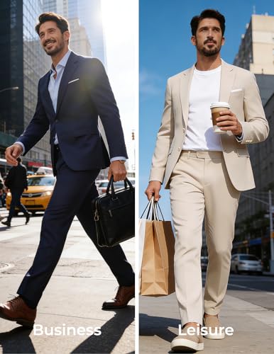 PJ PAUL JONES Mens Casual Suit Sets 2 Piece Classic Fit Suits Two Button Dress Suit Jackets Business Party Wedding Navy Blue, Large