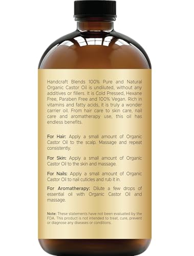 Handcraft Blends Cold-Pressed Organic Castor Oil 16 Fl Oz | Glass Bottle | 100% Pure and Natural | Premium Grade Carrier Oil | Hair, Eyelashes and Eyebrows | Hair and Body