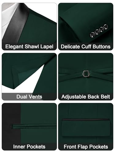 MAGE MALE Men's Slim Fit 3 Piece Suit One Button Solid Shawl Lapel Blazer Jacket Vest Pants Set with Tie Pocket Square Dark Green