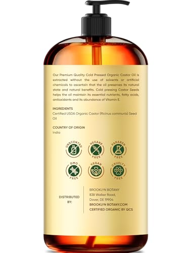 Brooklyn Botany Cold-Pressed Organic Castor Oil | 16 Fl Oz | Hair | Face | Body | 100% Pure and Natural | Carrier Oil | Aromatherapy | Massage | Ayurvedic Hair Care | Hexane-Free