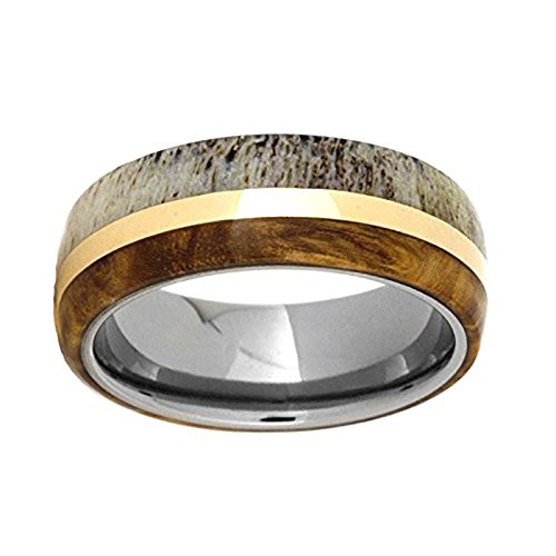 Black Ash, Deer Antler, 14k Yellow Gold 7mm Comfort-Fit Titanium Band and Sizing Ring, Size 6.5