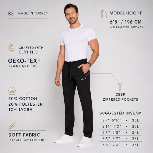 SCR Men's Tall Sweatpants - Made in Turkey Luxury Lounge, Athletic, Travel Sweat Pants for Men - 36 inch Inseam Extra Long - Zipper Pockets, 70% Cotton, Open Bottom, Large, 34Wx36L Big and Tall, Black