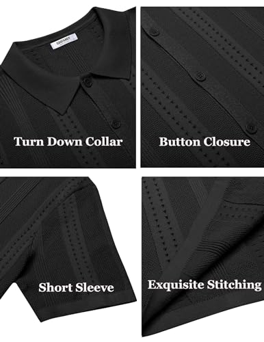 COOFANDY Men's Short Sleeve Knit Shirts Vintage Button Down Polo Shirt Casual Beach Tops, Black, X-Large