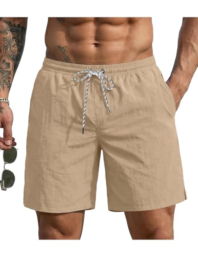 Ekouaer Mens Swim Trunks 7 Inch Quick Dry Board Shorts Swimwear Bathing Suits with Mesh Liner 2 in 1 Surf Swimming Short with Pockets Light Brown Khaki Medium