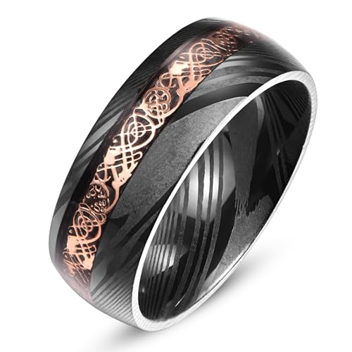 NUNCAD Black Damascus Ring Men 8mm Rose Gold Celtic Dragon Inlay Engagement Wedding Band Domed Comfort Fit Size 10
