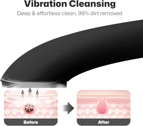 PRITECH Facial Cleansing Brush, Rechargeable Silicone Face Scrubber with Heat Massage End, Vibrating Exfoliator Scrubber for Deep Cleaning, Waterproof Face Brush for Women and Men (Black)