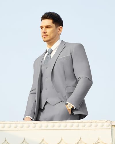 Saruit Men's Suits Slim Fit Tuxedo Suit Set 3 Piece 2-Button Solid Prom Wedding Party Blazer Vest Pants Light Grey