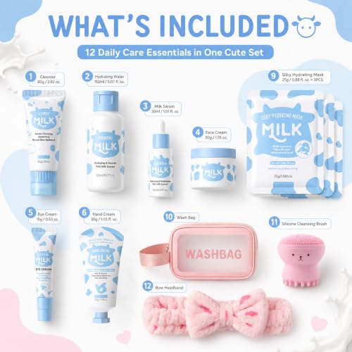 Milk Skin Care Set for Kids & Teens, 12 IN 1 Moisturizing Milk Skincare for Girls 10-12, Skincare for Kids Age 8-12, Birthday Gifts for Teen Girls, Face Care Kit, Korean Skin Care,12PCS