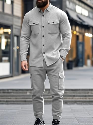 Men's Fleece Cargo Jacket Tracksuit Set 2 Pieces Solid Color Long Sleeve Button up Jacket and Cargo Pants Set Light Grey