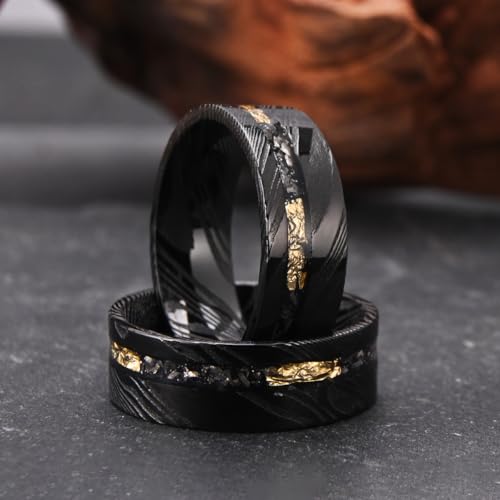 Concept Knight Black Damascus Steel Rings for Men Flat Men's Wedding Bands