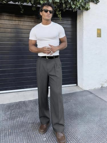 PLEPAN Men's Casual Dress Pants Pleated Baggy Wide Leg Relaxed Fit Slacks Expandable Waist Trousers Dark Gray Medium