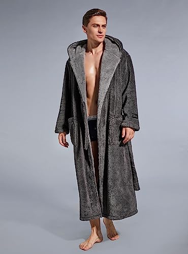 SlumberMee Mens Robe with Hood, Heavyweight Plush Fleece Bathrobe for Men, Full Length Soft Shu Velveteen House Coat with Secure Sewn-in Belt and Deep Pockets(Dark Grey, M)