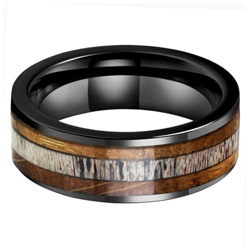 TUTISS 8mm Black Tungsten Rings for Men Women Wedding Bands Whisky Barrel Wood Deer Antler Inlay Flat Polished Comfort Fit Size 9.5