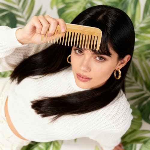 Bamboo Wide Tooth Comb, Natural Bamboo Hair Detangling Comb Anti-Static Hair Brush, Wooden Curls Anti Static Big Tooth Wood Combs for Women and Men All Hairs Types,Travel Friendly