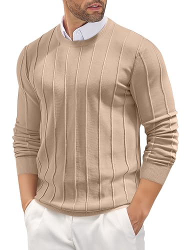 COOFANDY Mens Crew Neck Sweater Cable Knit Pullovers and Sweater Business Casual Sweatshirts Khaki