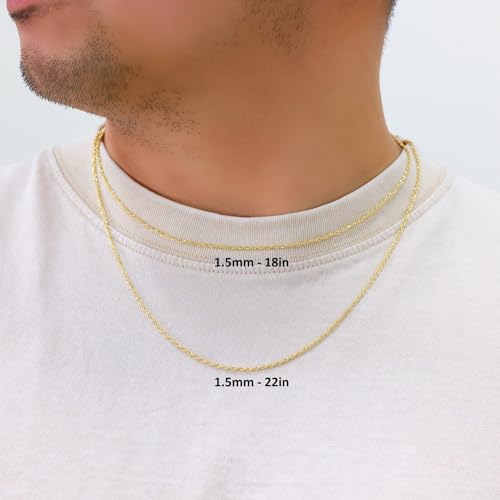 Nuragold 10k Real Yellow Gold Rope Chain Diamond Cut Thin Necklace - 1.5mm - 18"