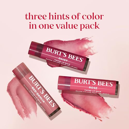 Burts Bees Tinted Lip Balm Value Pack, Includes Red Dahlia, Daisy and Rose, 8 Hour Moisture, Provides a Hint of Color, Nourishing Shea Butter, 100 Percent Natural Origin, 0.15 oz., Three Tubes