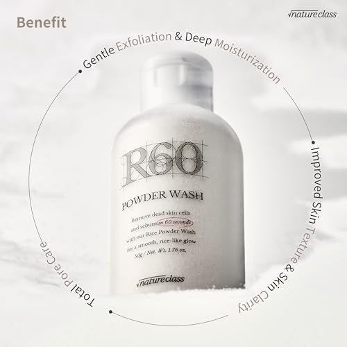 NATURECLASS R60 Rice Enzyme Face Wash Powder – Exfoliating Facial Cleanser with Rice Bran Extract, Gentle Powder Wash for Sensitive Skin, Deep Pore Care, Korean Skin Care, Fragrance Free, 1.76oz