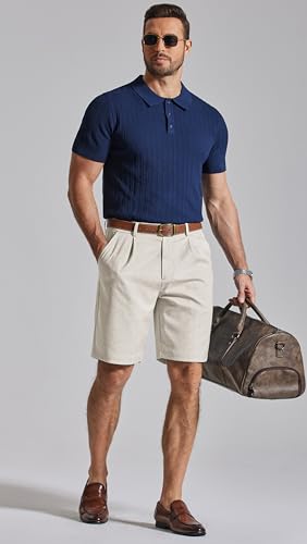 COOFANDY Men's Casual Shorts Pleated Front 9 Inch Inseam Linen Textured Business Dress Dressy Shorts Beige Cream