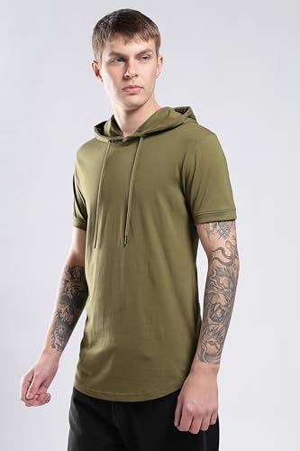 Klizzer Luxury Hoodie for Men - 100% Cotton Short Sleeve Hooded T-Shirts - Lightweight Cool Muscle Tees Pullover, Military Green - 2XL
