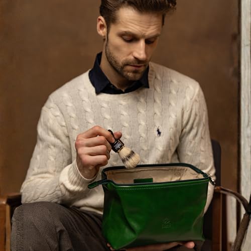 Time Resistance Leather Toiletry Bag - Italian Cosmetic Case Dopp Kit (Green)