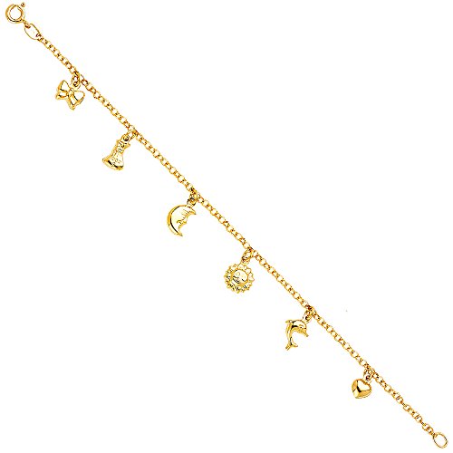 14k REAL Yellow Gold Hanging Charm Bracelet - 7"