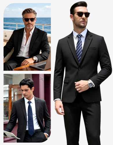 Men's Classical Business Suit, 2 Piece Set Regular Fit Casual Blazer Jacket Pants, Formal Dress Suit for Elegant Gentleman Men, Single Breasted Notch Lapel Tuxedo for Wedding Prom - Black