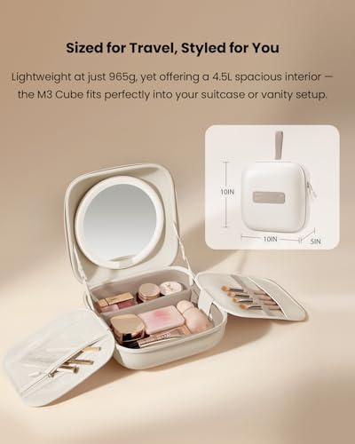AMIRO Travel Makeup Bag with Stepless Brightness&3 Color LED Mirror, White