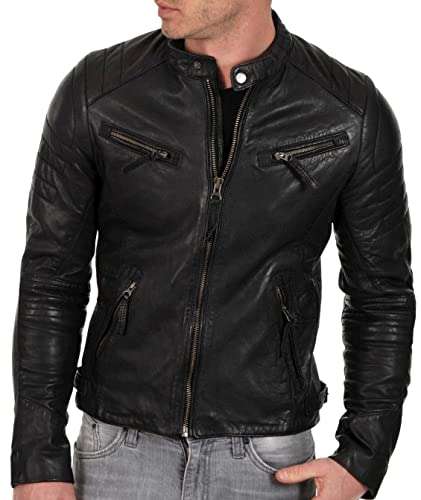 DECIMAL Men's Black & BROWN Genuine Lambskin Leather Biker Jacket VINTAGE REAL MOTORCYCLE JACKETS FOR MEN (S, BLACK)