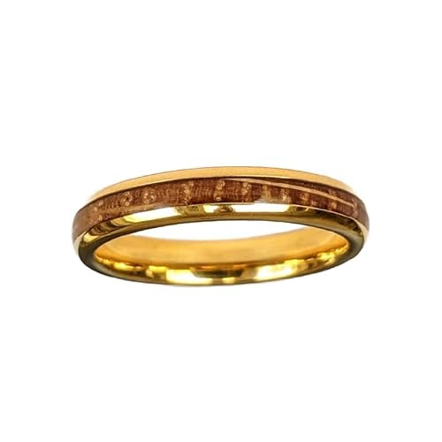 14K Yellow Gold Wedding Bands Womens Ring with Whisky Bourbon Wood Inlay Thin 4mm Gold Whiskey Barrel Ring Comfort Fit Tungsten Rings for Men Wooden Couples Ring Set