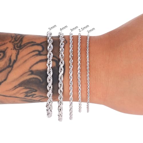 Nuragold 14K Real White Gold Rope Chain Diamond Cut Bracelet (2mm-5mm) - 2mm,7.5"